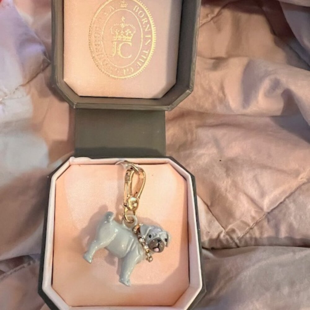 Juicy Couture Retired Rare Pug Charm with gold lobster clasp in box